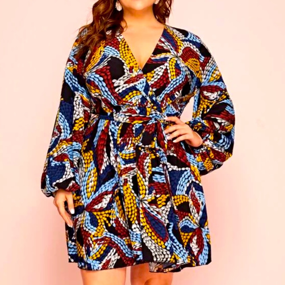 BoHo print all over V-neck Blouson sleeve belted dress